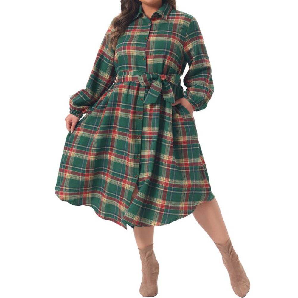 Women Plus Size Plaid Belted Button Down Shirt Dress Green